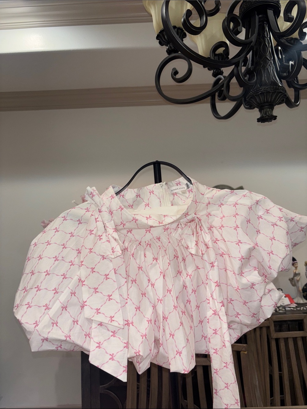 Altar'd State White Blouse with Pink Bow Lattice